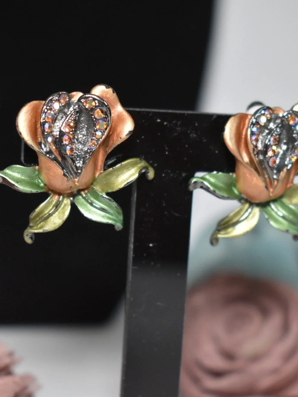 Rose Flower Clip On Earrings with Rhinestones